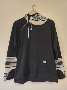 ​Eye Candy Cowl Neck Asymmetrical Zip Hoodie Tribal Print Cuffs/Hood Size L EUC